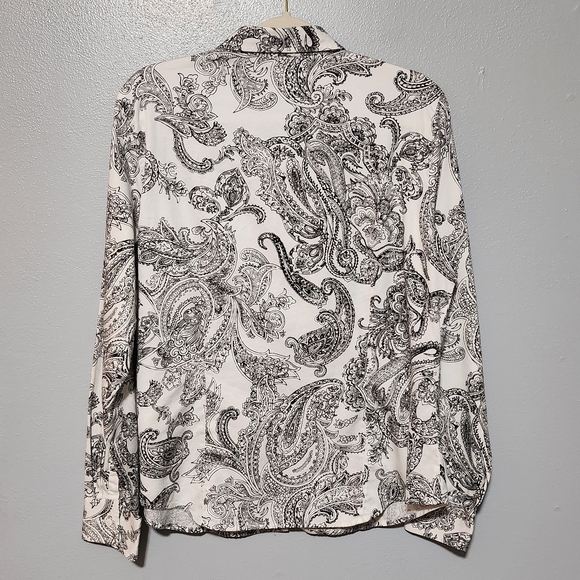 TALBOTS Blouse Womens Size 14 Black White Paisley Stretch Cotton Sateen Career - Picture 6 of 10
